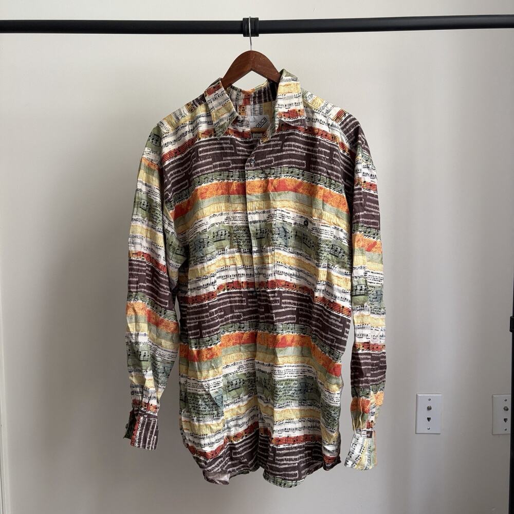 Vintage 80s Goouch Music Print Colorful Linen Mens M Button Up Shirt
